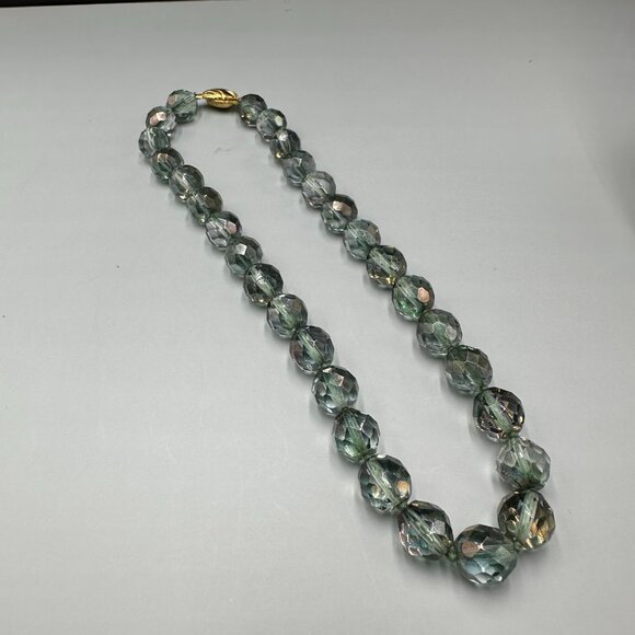 Smoky Gray Green Faceted Bead Necklace Iridescent Glass Statement 14.5 Inch - Picture 3 of 8
